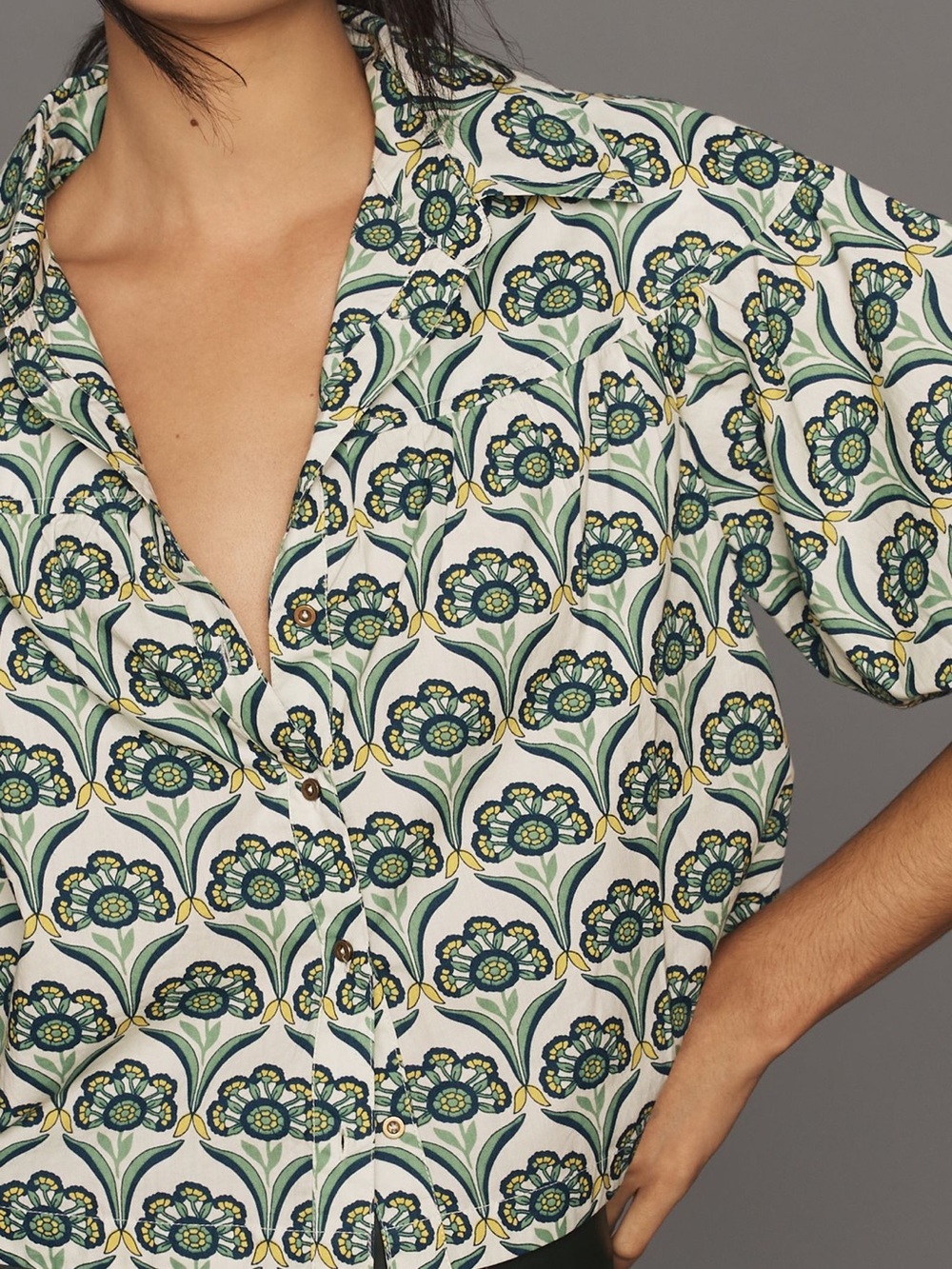 Anthropologie Maeve Zooey Bubble Sleeve Block Print Cotton Poplin Blouse
